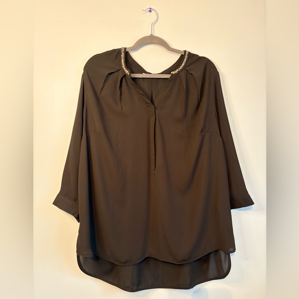 Violet & Claire Black Bell Sleeve Blouse with Beaded Collar